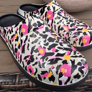 Leopard Print Oofo Clogs with Pink and Yellow Accents